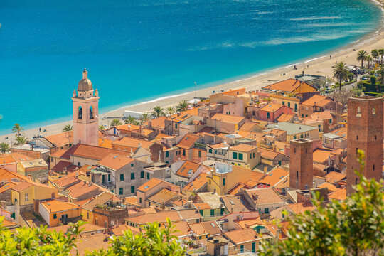  Aerial panoramic view of Noli, Liguria, province of Savona, Italy. Riviera dei Fiori. Fishermen's Beach. Maritime Republic