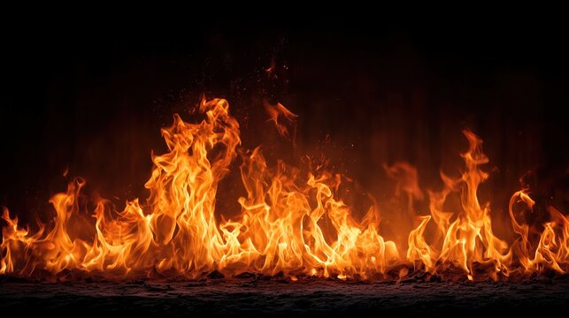 Dynamic fire flames and sparks dancing on a black background showing intense heat and combustion for conceptual and commercial design projects.