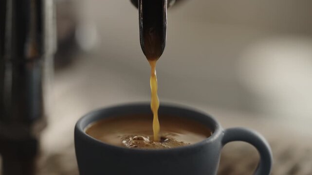 Slow motion closeup espresso pour in ceramic cup