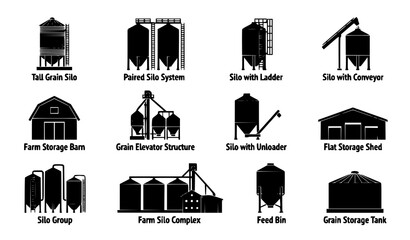 Flat Silhouette Agricultural Storage Icon Pack with Grain Silos Barns and Farm Infrastructure Vector Set © MdFaruk