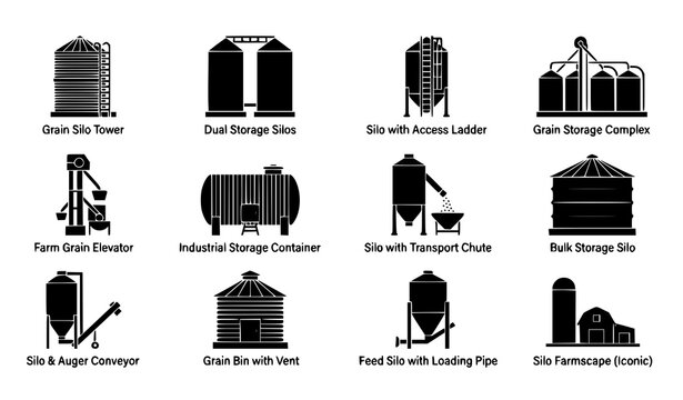 Modern Agricultural Farm Storage Icon Set Featuring Grain Silos and Rural Farming Infrastructure Vector Illustration Collection