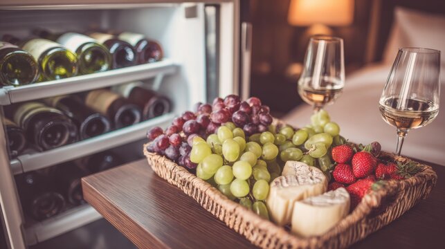 Gourmet Hotel Room Minibar Setup Featuring Wine, Grapes, and Cheese