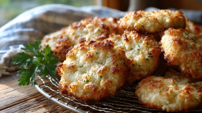 Golden Baked Chicken Patties Freshly Cooked in an Air Fryer Basket Ready to Serve