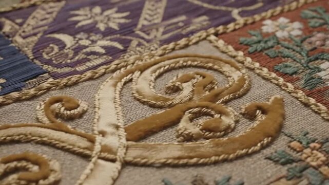 Close-up of ornate embroidered fabric with intricate patterns and letters.