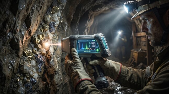Geologist analyzing a mineral ore vein with a handheld XRF scanner inside a dark underground mine