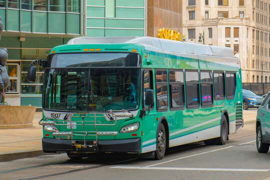 Detroit Department of Transportation DDOT bus on Woodward Avenue in downtown Detroit, Michigan MI, USA. 