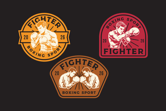Boxer and boxing athlete retro badge logo set for combat sport. Fighter kickboxing vintage patch symbols for tournament. Pugilist combat sport rustic emblem elements for boxing club