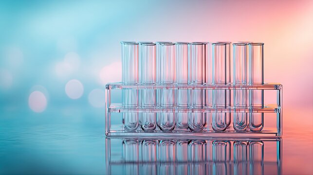 Empty glass test tubes in transparent rack, gradient pink blue bokeh background, chemistry lab research backdrop