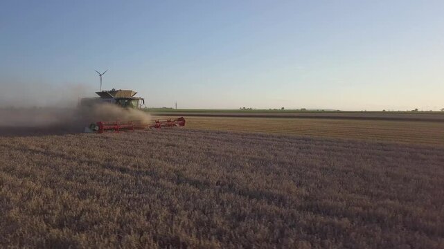 Cinematic Drone Orbit Shot of Combine Harvester Working in Harvested Field