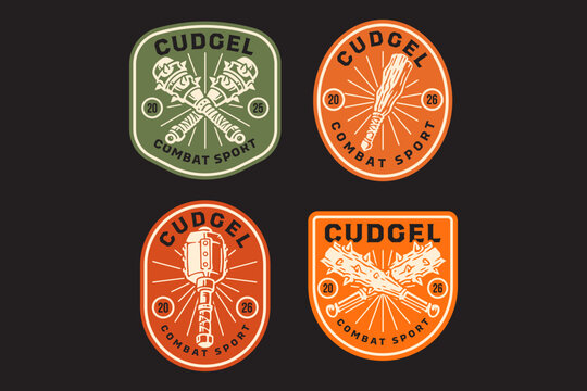 Wooden cudgel classic retro badge logo set for medieval weapon. crossed bludgeon war clubs vintage patch symbols for historical. Combat cudgel crossed rustic emblem elements for combat sport