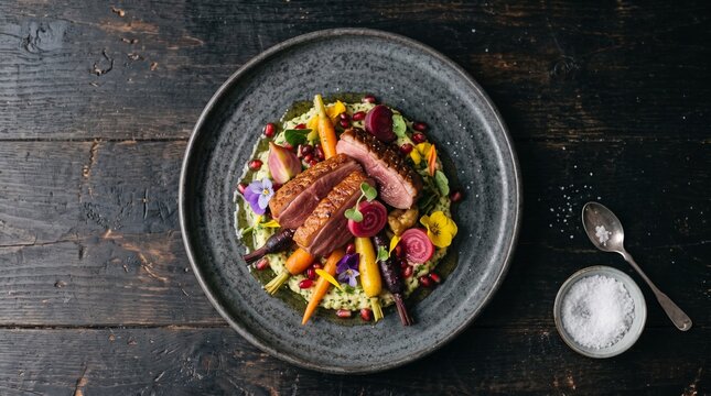 Chef garnishing a gourmet plated dish with roasted vegetables on a rustic wooden table top view