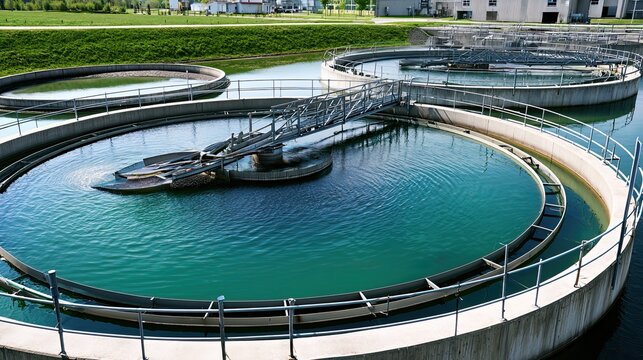 Circular sedimentation tanks at urban wastewater treatment plant, eco water purification industrial backdrop
