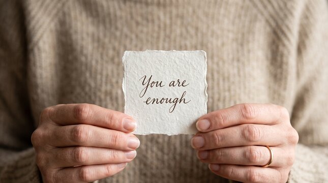 Person holding a card with the handwritten message You are enough in elegant script