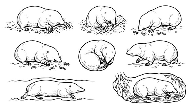 Set of hand drawn moles in various natural poses including digging eating and sleeping isolated on white background for wildlife educational illustration projects or animal biology study materials