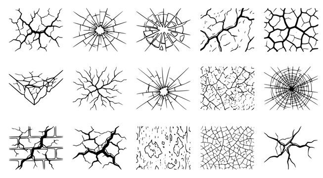 Set of diverse surface crack textures for glass and concrete walls presented as black and white vector illustrations for use in architectural visualization and distressed graphic design projects