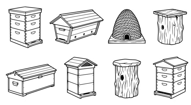 Collection of various beehives and apiary structures including traditional skeps and modern wooden boxes as black and white line art vector icons for beekeeping and agriculture design projects