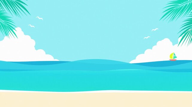 Summer background animation. Vivid blue sky, sea, and white clouds. Loop video. Includes copy space. (TF005)