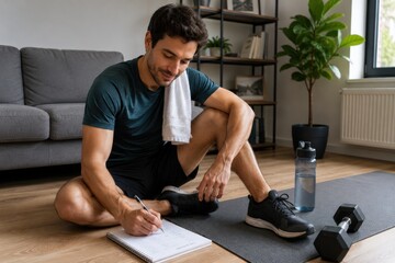 Male fitness enthusiast sitting on exercise mat in home gym, writing in notebook with dumbbell and water bottle nearby, modern living space with plants and couch © Denis Tuev