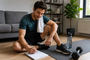Male fitness enthusiast sitting on exercise mat in home gym, writing in notebook with dumbbell and water bottle nearby, modern living space with plants and couch © Denis Tuev