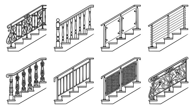 Assorted staircase railing designs featuring metal wrought iron and glass panel styles for architectural interior and exterior planning
