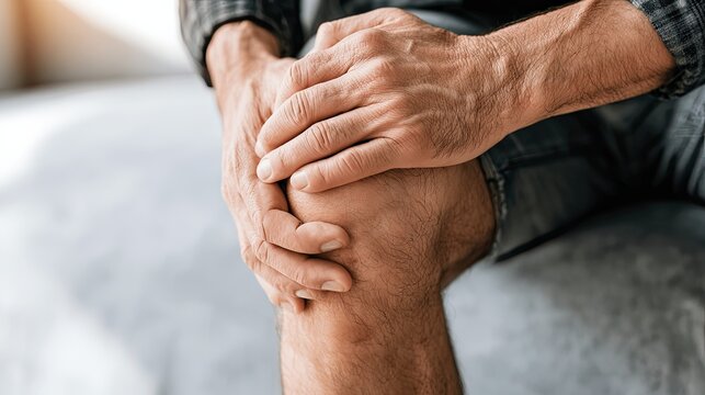 Man holding painful knee joint at home, orthopedic joint pain healthcare medical backdrop