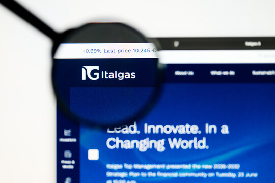 Milan, Italy 2026, 5 Jul Closeup of Italgas website page on a laptop screen. Focus on Italgas logo under a magnifying glass.