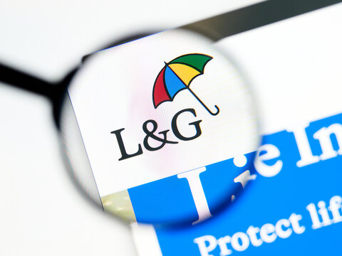 Milan, Italy 2026, 5 Jul Closeup of Legal & General Group website page on a laptop screen. Focus on Legal & General Group logo under a magnifying glass.
