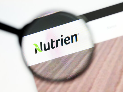 Milan, Italy 2026, 5 Jul Closeup of Nutrien website page on a laptop screen. Focus on Nutrien logo under a magnifying glass.
