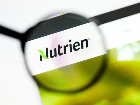 Milan, Italy 2026, 5 Jul Closeup of Nutrien website page on a laptop screen. Focus on Nutrien logo under a magnifying glass.