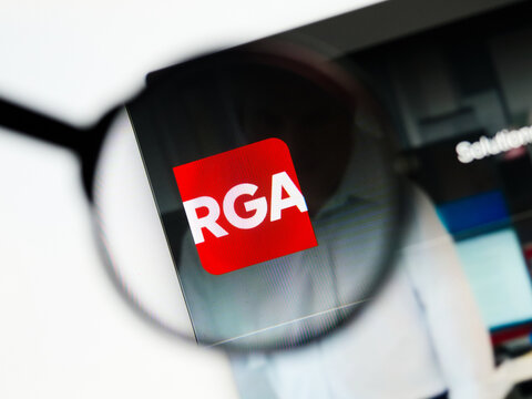 Milan, Italy 2026, 5 Jul Closeup of Reinsurance Group of America RGA website page on a laptop screen. Focus on Reinsurance Group of America RGA logo under a magnifying glass.