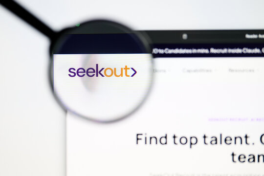 Milan, Italy 2026, 5 Jul Closeup of SeekOut website page on a laptop screen. Focus on SeekOut logo under a magnifying glass.