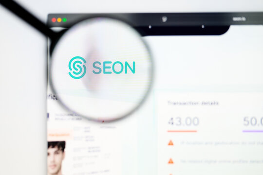 Milan, Italy 2026, 5 Jul Closeup of SEON website page on a laptop screen. Focus on SEON logo under a magnifying glass.