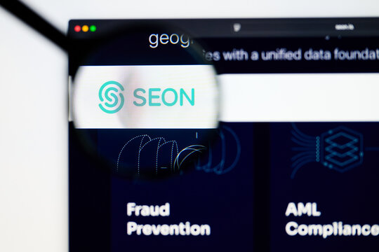 Milan, Italy 2026, 5 Jul Closeup of SEON website page on a laptop screen. Focus on SEON logo under a magnifying glass.