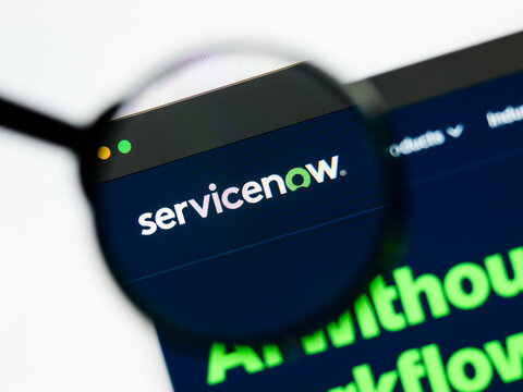 Milan, Italy 2026, 5 Jul Closeup of ServiceNow website page on a laptop screen. Focus on ServiceNow logo under a magnifying glass.