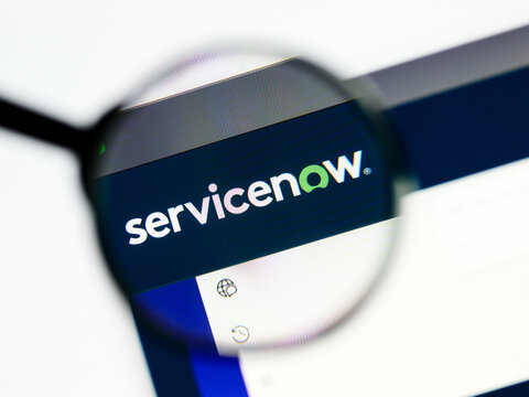 Milan, Italy 2026, 5 Jul Closeup of ServiceNow website page on a laptop screen. Focus on ServiceNow logo under a magnifying glass.