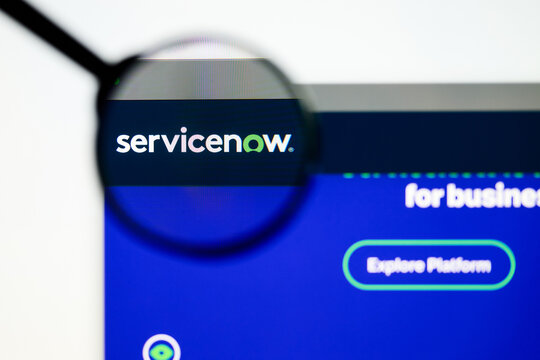Milan, Italy 2026, 5 Jul Closeup of ServiceNow website page on a laptop screen. Focus on ServiceNow logo under a magnifying glass.