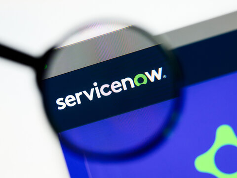 Milan, Italy 2026, 5 Jul Closeup of ServiceNow website page on a laptop screen. Focus on ServiceNow logo under a magnifying glass.