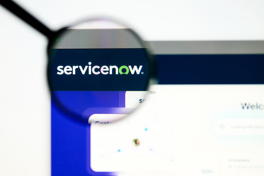 Milan, Italy 2026, 5 Jul Closeup of ServiceNow website page on a laptop screen. Focus on ServiceNow logo under a magnifying glass.