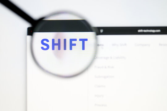 Milan, Italy 2026, 5 Jul Closeup of Shift Technology website page on a laptop screen. Focus on Shift Technology logo under a magnifying glass.