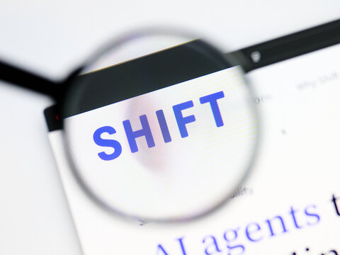 Milan, Italy 2026, 5 Jul Closeup of Shift Technology website page on a laptop screen. Focus on Shift Technology logo under a magnifying glass.