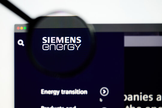 Milan, Italy 2026, 5 Jul Closeup of Siemens Energy website page on a laptop screen. Focus on Siemens Energy logo under a magnifying glass.