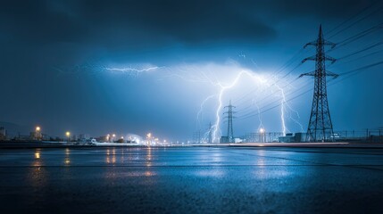 Naklejka premium Stormy night sky with lightning, high voltage transmission towers, wet city road, thunderstorm industrial power landscape for commercial backdrop