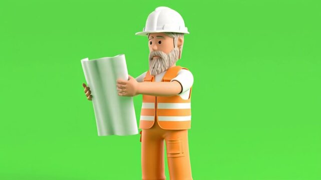 A bearded male engineer is holding or examining a blueprint (technical drawing or building design), wearing a white hard hat and an orange safety vest with white stripes; green background, 3D style.