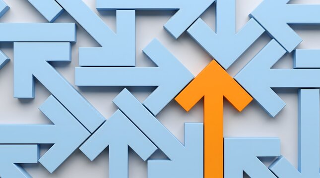 An orange arrow stands out amongst a crowd of blue arrows pointing in various directions, symbolizing a unique direction or individuality