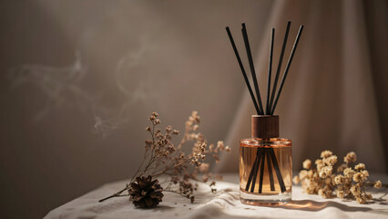 Fototapeta premium Glass reed diffuser with black sticks and aromatic oil, arranged with dried flowers and pine cones on a white fabric surface with soft lighting