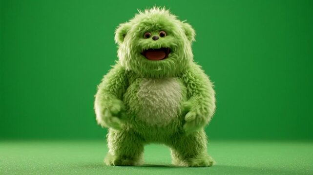 A 3D light-green furry monster featuring an oval-shaped patch of creamy-white fur on its chest or belly that contrasts with the green fur on the rest of its body; set against a green background.