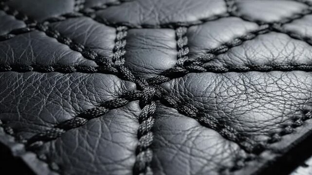 Close up view of diamond stitched black leather design in studio with soft lighting and intricate patterns