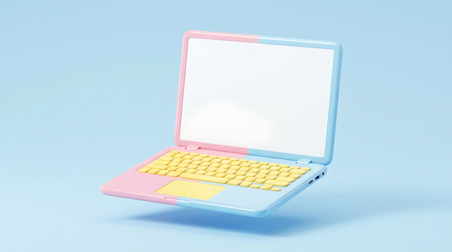A pastel-colored laptop with a yellow keyboard is open on a blue surface.