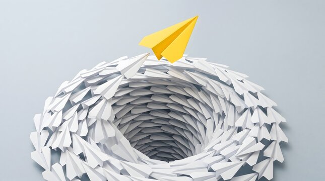 A bright yellow paper airplane soaring above a vortex of white paper airplanes, symbolizing leadership and innovation