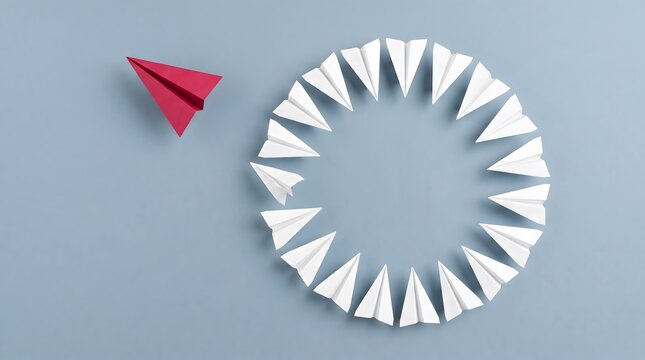A red paper airplane flying away from a circle of white paper airplanes. This represents the concept of individuality and breaking away from the norm